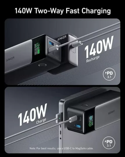 Ultra-Powerful Two-Way Charging: Equipped with the latest Power Delivery 3.1 and bi-directional technology to quickly recharge the portable charger or get a 140W ultra-powerful charge. High Capacity: Featuring a 24,000mAh battery capacity, juice up an iPhone 13 almost 5 times or a 2021 iPad Pro 12.9″ 1.3 times. Smart Digital Display: Easy-to-read digital display shows the output and input power and estimated time for the portable charger to fully recharge.